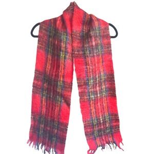 Vintage Red Tartan Plaid Scottish Mohair Wool Scarf Made in Scotland‎ Fringe